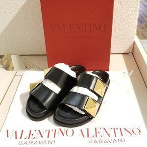 VALENTINO Roman Stud Black Leather Slides Size 37 (6.5 U.S.) in Box